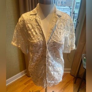 Anthropologie Cream Lace Button-Down Shirt